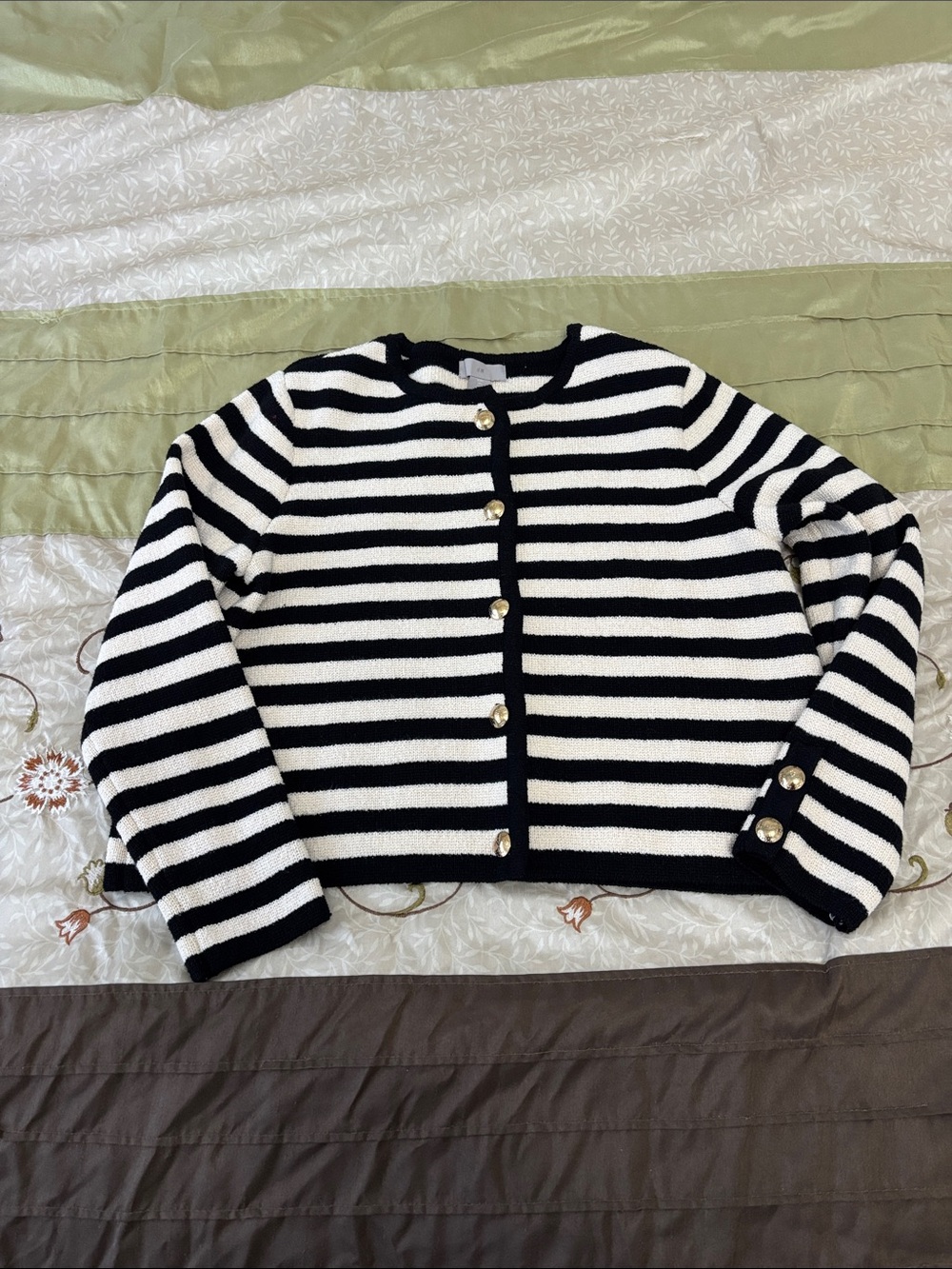 H&M Black and White Striped Button-Front Cardigan with Gold Buttons